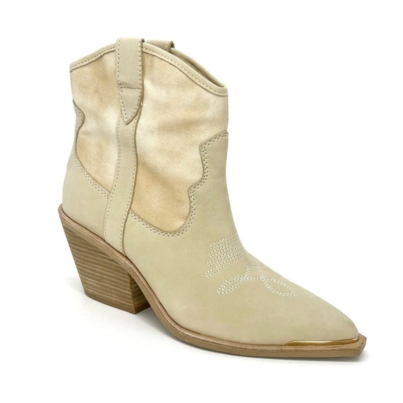 Dolce Vita Nash Cowboy Ankle Boots Size 10 Vanilla Nubuck Leather Western New - Picture 1 of 11